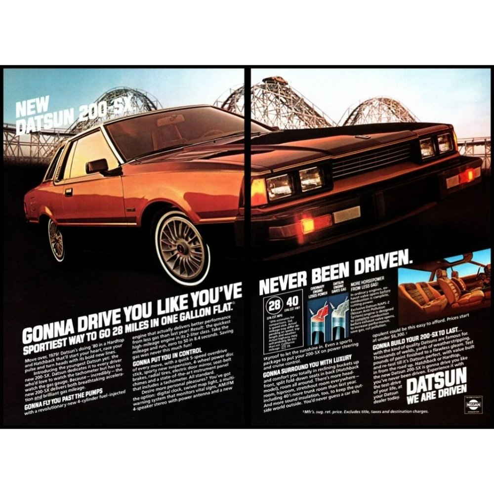 1980 Datsun 200-SX 2 Door Coupe Sorts Car Vintage Print Ad Rollercoaster Decor